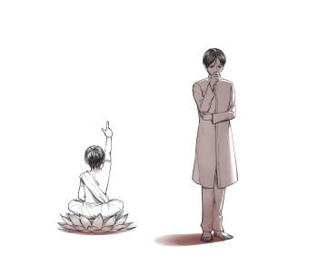 2boys age_progression ahoge animal arm_up axis_powers_hetalia barefoot bindi bird black_hair bomber_jacket chemise child collared_shirt covering_own_mouth eagle flower from_behind glasses gloves greyscale hand_over_own_mouth hatching_(texture) india_(hetalia) jacket kanmuri_(hanyifan30338) looking_down lotus male_focus monochrome multiple_boys necktie oversized_flower parted_bangs sad shadow shirt time_paradox