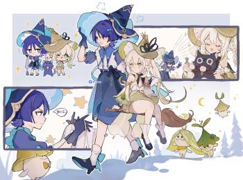 1boy 1girl aixixixixi alternate_costume animalization aranara_(genshin_impact) armlet artist_name black_bow black_cat black_footwear blue_bow blue_gloves blue_hat blue_shorts blunt_ends bow braid broom broom_riding brown_hat brown_skirt cat chibi chibi_inset closed_eyes closed_mouth crescent cross-shaped_pupils detached_sleeves dress eyelashes eyeliner eyeshadow feathers frilled_vest frills fringe_trim genshin_impact gloves gold gold_trim green_eyes green_hair hair_between_eyes hair_bow hair_ornament hairclip hand_up hat highres holding holding_unworn_clothes holding_unworn_hat jewelry layered_sleeves light_blush long_hair makeup mid-stride multicolored_hair nahida_(genshin_impact) open_hand open_mouth outstretched_arm pine_tree pom_pom_(clothes) puff_of_air puffy_sleeves puritan_collar purple_cat purple_eyes purple_hair purple_sleeves reaching reaching_towards_another red_eyeliner red_eyeshadow scaramouche_(cat)_(genshin_impact) scaramouche_(genshin_impact) sequential short_sleeves shorts side_ponytail sidelocks skirt socks speech_bubble star_(sky) streaked_hair string sweat symbol-shaped_pupils translation_request tree twitter_logo underbust unworn_hat unworn_headwear vest white_dress white_hair white_sleeves white_socks white_vest witch witch_hat yellow_feathers yellow_sleeves