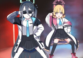 2girls :d \m/ aris_(blue_archive) black_skirt black_thighhighs blue_archive commentary_request cowboy_shot foot_out_of_frame hair_between_eyes halo highres jacket kuroneghi long_sleeves miniskirt momoi_(blue_archive) multiple_girls open_clothes open_jacket open_mouth pink_eyes pink_shoes pleated_skirt rectangular_halo shoes skirt sleeves_past_wrists smile sunglasses suspender_skirt suspenders thighhighs watercolor_background white_hair wide_sleeves