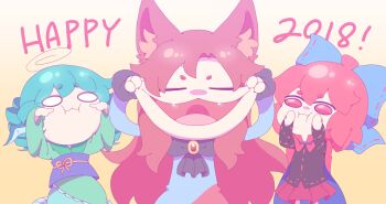 2018 3girls animal_ears black_bow black_bowtie blue_bow blue_hair blue_sash bow bowtie brooch brown_hair cheek_pull closed_eyes commentary_request cowboy_shot fangs fins grass_root_youkai_network green_kimono grey_shirt guuchama hair_bow happy_new_year head_fins highres imaizumi_kagerou japanese_clothes jewelry kimono long_hair looking_at_viewer mermaid monster_girl multiple_girls new_year obi open_mouth red_eyes red_hair red_skirt ribbon-trimmed_bow ribbon_trim sash sekibanki shirt skirt touhou wakasagihime wolf_ears wolf_girl yellow_background