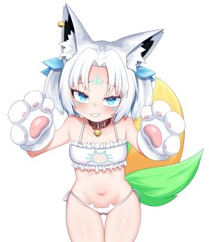 1girl absurdres animal_ear_fluff animal_ears animal_hands bare_shoulders bell blue_eyes bra breasts cat_cutout cleavage_cutout clothing_cutout collarbone commentary commentary_request earrings english_commentary fang fox_ears fox_girl fox_tail frilled_bra frills gloves hair_ornament highres hololive jewelry light_blush llxr18 midriff navel neck_bell paw_gloves paw_pose personification simple_background small_breasts sukonbu_(shirakami_fubuki) tail teeth twintails underwear white_hair
