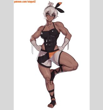 Rule 34 | 1girl, arm wrap, bare shoulders, barefoot, bea (pokemon), biceps, black bow, black hairband, black leotard, blue eyes, bow, bow hairband, breasts, bright pupils, closed mouth, collarbone, commentary, covered abs, dark-skinned female, dark skin, double-parted bangs, english commentary, feet, full body, grey eyes, grey hair, hair between eyes, hairband, hands on own hips, highleg, highleg leotard, leotard, leotard under clothes, looking at viewer, medium breasts, muscular, muscular female, nintendo, patreon username, pokemon, pokemon sword and shield, short hair, shorts, simple background, solo, split mouth, standing, standing on one leg, stopu, toes, v-shaped eyebrows, watermark, web address, white background, white pupils, white shorts