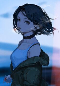 1girl black_hair blue_eyes choker cigarette clothes_lift doloyume green_jacket highres jacket lighter looking_at_viewer looking_to_the_side original shirt_lift short_hair smoke smoking solo