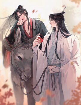 2boys :d apple black_hair black_hanfu chinese_clothes donkey falling_leaves feet_out_of_frame food fruit hair_flowing_over hair_ornament hair_tie hand_on_own_chin hanfu headband high_ponytail highres holding holding_food holding_fruit holding_reins lan_wangji leaf long_hair modao_zushi multiple_boys open_mouth ponytail red_trim reins riding riding_animal rorynans smile wei_wuxian white_hanfu wind
