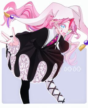 Rule 34 | 1girl, black dress, blue eyes, checkered hat, commentary request, dress, frilled dress, frilled sleeves, frills, hat, heterochromia, highres, jester, jester cap, jikishirone, long hair, long sleeves, madan no ichi, multicolored hair, open mouth, pink hair, riei, streaked hair, thighhighs, yellow eyes