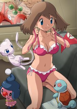 1girl bikini blue_eyes bonsly breasts brown_hair car car_interior corphish covered_erect_nipples crawdaunt curious dressing frilled_bikini frilled_swimsuit frills gen_1_pokemon gen_3_pokemon gen_4_pokemon groin large_breasts legendary_pokemon legs_folded may_(pokemon) mew_(pokemon) mime_jr. motor_vehicle mythical_pokemon navel nintendo official_alternate_costume peeking pink_bikini pokemoa pokemon pokemon:_lucario_and_the_mystery_of_mew pokemon_(anime) pokemon_(creature) pokemon_rse_(anime) squirtle swimsuit