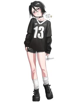 1girl black_choker black_hair black_nails black_shirt black_shorts bleach breasts chest_tattoo choker clothes_lift collarbone commentary denim denim_shorts full_body hair_between_eyes highres kuchiki_rukia looking_at_viewer nail_polish parted_lips purple_eyes shirt shoes short_hair short_shorts shorts signature simple_background small_breasts socks solo standing tattoo waligner white_background