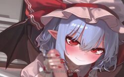 1boy 1girl absurdres animated ascot audible_speech bat_wings blue_hair blush bow clothed_sex embodiment_of_scarlet_devil erection fellatio femdom girl_on_top hair_bow hair_ornament handjob hat hat_bow hat_ribbon henkawa hetero highres holding japanese_audio live2d looking_at_viewer moaning mob_cap oral patreon_username penis pointy_ears pov red_eyes remilia_scarlet ribbon short_hair smile sound subtitled sweat tagme touhou video watermark web_address wings