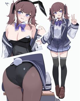 1girl animal_ear_hairband animal_ears ass bare_shoulders black_leotard black_ribbon black_thighhighs blush bow bowtie breasts brown_hair brown_pantyhose cevio cleavage covered_navel desk detached_collar double_bun fake_animal_ears fake_tail green_necktie grey_sweater hair_bun hair_ribbon hairband highres jacket leotard long_hair long_sleeves looking_at_viewer medium_breasts mole mole_under_eye multiple_views natsuki_karin necktie open_mouth pantyhose pink_bow pink_bowtie playboy_bunny purple_bow purple_bowtie purple_eyes rabbit_ear_hairband rabbit_ears rabbit_tail ribbon shirt shoes skirt smile solo strapless strapless_leotard sweater tail thighhighs twintails ubah white_shirt wrist_cuffs