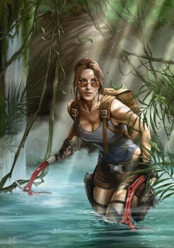 1girl backpack bag belt black_belt breasts brown-tinted_eyewear brown_bag brown_eyes brown_hair brown_shorts cleavage day glasses grey_leotard highres holding holster ice_pick illyne_cosplay lara_croft large_breasts leotard outdoors plant short_shorts shorts signature solo thigh_holster tinted_eyewear tomb_raider vines water