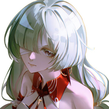 1girl bandage_over_one_eye bare_shoulders breasts chromatic_aberration closed_mouth commentary earrings emu2cat grey_eyes grey_hair highres jewelry long_hair medium_breasts multicolored_hair phrolova_(wuthering_waves) portrait simple_background solo streaked_hair white_background wuthering_waves