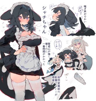 3girls animal_ears apron black_dress black_hair blue_eyes blush breasts bunchi cetacean_tail cleavage cleavage_cutout closed_mouth clothing_cutout commentary cowboy_shot double-parted_bangs dress fins fish_tail hair_between_eyes highres large_breasts long_hair long_sleeves maid maid_headdress medium_hair multiple_girls multiple_views open_mouth orca orca_girl original purple_eyes seal_(animal) simple_background speech_bubble symbol-only_commentary tail thighhighs tongue tongue_out translation_request unconventional_maid waist_apron white_apron white_background white_thighhighs