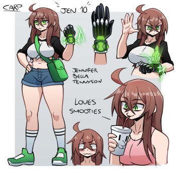 1girl absurdres ahoge artist_name bag ben_10 blush breasts brown_hair carpinchor123 commentary cup english_commentary english_text green_eyes green_light highres holding holding_cup long_hair medium_breasts omnitrix shirt shoulder_bag smoothie tied_shirt