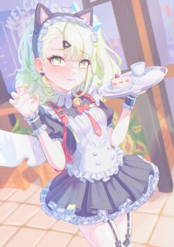 Rule 34 | 1girl, absurdres, animal ear hairband, animal ears, bag, bell, black dress, blush, cafe, cake, cake slice, cat ear hairband, cat ears, claw pose, commentary request, cup, dress, earrings, fake animal ears, floor, food, green eyes, green hair, green nails, hair ornament, hairband, heart, heart earrings, heart hair ornament, highres, holding, holding plate, jewelry, lala 2080, looking at viewer, maid, maid headdress, multiple hair clips, neck bell, necktie, official alternate costume, outdoors, plant, plate, red bag, red necktie, solo, standing, sunna (afternoon tea break) (zenless zone zero), sunna (zenless zone zero), sweatdrop, thighhighs, white wings, winged bag, wings, zenless zone zero