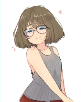 1girl absurdres artist_self-insert bare_shoulders blue_eyes brown_hair closed_mouth commentary creator_(neneneqo) glasses highres looking_at_viewer mole mole_under_mouth neqo_(neneneqo) original shirt short_hair simple_background sleeveless sleeveless_shirt smile solo symbol-only_commentary white_background