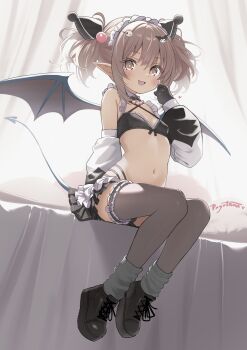 1girl absurdres artist_name bikini bikini_skirt black_bikini black_bow black_gloves black_sleeves black_thighhighs blue_tail blue_wings bow bow_bikini breasts brown_eyes brown_hair brown_shoes collar demon_girl demon_tail demon_wings detached_collar detached_sleeves fang frilled_bikini frills full_body gloves green_socks hair_ornament hand_up highres long_sleeves looking_at_viewer maid maid_bikini maid_headdress navel open_mouth original po_yo_ta_ma pointy_ears shoes short_hair short_twintails sidelocks sitting skin_fang skull_hair_ornament small_breasts smile socks socks_over_thighhighs solo stomach swimsuit tail thighhighs twintails two-tone_sleeves unconventional_maid white_collar white_sleeves wings