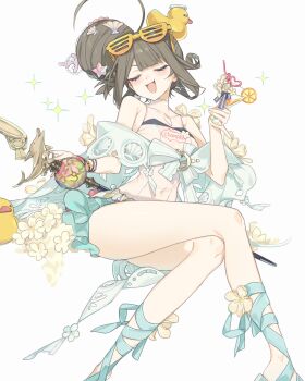 1girl absurdres awe_(adorableduckyy) breasts closed_eyes commentary_request crossed_legs cup drink drinking_glass drinking_straw eyewear_on_head hair_bun highres holding holding_drink huge_hair_bun korean_commentary liqing_(xinyue_tongxing) medium_breasts one-piece_swimsuit open_mouth rubber_duck shutter_shades single_hair_bun sitting smug sunglasses swimsuit white_one-piece_swimsuit