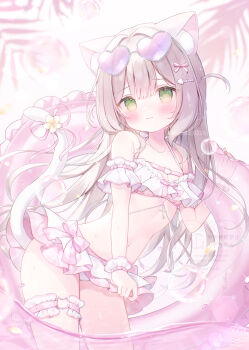 1girl animal_ear_fluff animal_ears bare_shoulders bikini blush bow breasts brown_hair cat_ears cat_tail cleavage closed_mouth collarbone eyewear_on_head frills green_eyes hair_bow hair_ornament heart heart-shaped_eyewear highres holding holding_swim_ring innertube jewelry long_hair looking_at_viewer navel necklace omochi_monaka original pink_bikini ribbon small_breasts smile solo stomach sunglasses swim_ring swimsuit tail tail_bow tail_ornament thighlet tinted_eyewear white_bikini wristband