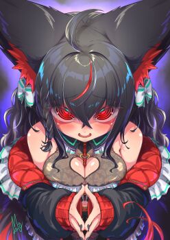 1girl @_@ absurdres ahoge animal_ear_fluff animal_ears black_dress black_hair black_nails blush breasts cleavage cleavage_cutout clothing_cutout commentary_request dress fox_ears fox_girl heart_cutout highres hololive kurokami_fubuki long_hair looking_at_viewer medium_breasts nail_polish open_mouth own_hands_together red_eyes red_streaks smile solo syam_illust virtual_youtuber