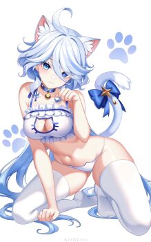 1girl :3 alternate_costume animal_ears arm_support armpit_crease bare_arms bare_shoulders bell blue_bow blue_choker blue_eyes blue_hair blush bow bra breasts cat_cutout cat_ears cat_girl cat_lingerie cat_tail choker cleavage cleavage_cutout closed_mouth clothing_cutout collarbone curvy eyelashes eyes_visible_through_hair frilled_bra frills full_body furina_(genshin_impact) genshin_impact gluteal_fold hair_between_eyes hair_spread_out hand_up hashtag-only_commentary heart highres jingle_bell kemonomimi_mode kiyochii kneeling leaning_forward long_hair looking_at_viewer low_ponytail mismatched_pupils navel neck_bell no_shoes panties paw_pose paw_print ponytail simple_background smile solo star_ornament stomach tail tail_bow tail_ornament tail_raised thighhighs thighs tiptoes tsurime twitter_strip_game underwear underwear_only very_long_hair white_background white_bra white_panties white_thighhighs