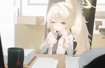 1girl black_necktie blonde_hair blue_archive collared_shirt commentary_request elbow_rest elbows_on_table fluffy_hair green_eyes halo hand_on_own_face hot indoors long_hair long_sleeves looking_at_viewer necktie one_eye_closed ponytail professor_niyaniya_(blue_archive) professor_niyaniya_(teacher)_(blue_archive) shirt sitting sla2h_help solo white_shirt yellow_halo