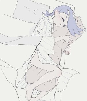 1girl alternate_costume barefoot bed blue_hair body_pillow lying mokana_moka nintendo on_bed on_side parted_lips pillow robe shiver_(splatoon) sleeping solo splatoon_(series) splatoon_3 tentacle_hair