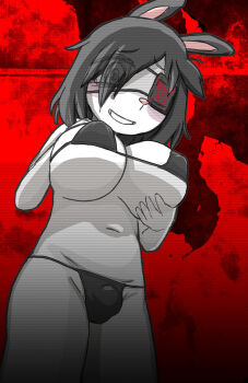 1futa animal_nose bags_under_eyes bikini black_bikini black_eyes black_hair blush_stickers breasts bulge covered_erect_nipples eyepatch eyes_visible_through_hair from_below furry futanari grabbing_own_breast huge_breasts large_breasts looking_at_viewer mentha_(menthalovely) navel original rabbit_ears rabbit_girl red_ba scanlines short_hair skindentation smile solo swimsuit teeth white_fur