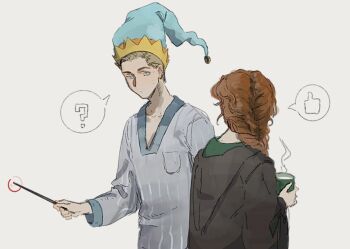 Rule 34 | 1boy, 1girl, ?, black robe, blonde hair, blue eyes, blue hat, cup, gynger edventray (hiiragimare), hat, hiiragimare, hogwarts legacy, hogwarts school uniform, holding, holding cup, holding wand, hooded robe, long hair, looking at another, nightcap, oc x canon, ominis gaunt, original, pajamas, red hair, robe, school uniform, short hair, simple background, slytherin, speech bubble, spoken question mark, spoken thumbs up, upper body, wand, white background, white pajamas, wizarding world