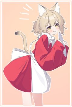 1girl absurdres animal_ear_fluff animal_ears apron blush border brown_background brown_border brown_hair cat_ears cat_girl cat_tail commentary dress highres holding holding_tray long_sleeves looking_at_viewer notice_lines original outline puffy_long_sleeves puffy_sleeves red_dress riya_(01214) sleeves_past_wrists smile solo symbol-only_commentary tail tray white_apron white_border white_outline yellow_eyes