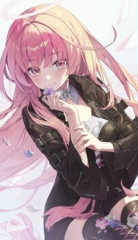 1girl absurdres arknights black_dress black_jacket boots dress flower halo highres holding holding_flower jacket lace-up_boots lemuen_(arknights) long_hair milcona pink_eyes pink_hair signature smile thigh_boots white_halo