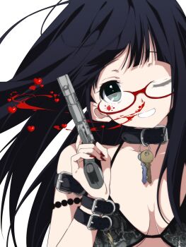 1girl bikini black_bikini black_collar black_hair blood breasts character_request collar collarbone copyright_request glasses green_eyes grin gun heart highres holding holding_gun holding_weapon insomnia_(insomnia_plus) key large_breasts long_hair looking_at_viewer nosebleed one_eye_closed red-framed_eyewear simple_background smile solo swimsuit upper_body weapon white_background wrist_belt