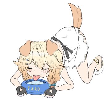 Rule 34 | 1girl, all fours, animal ears, anklet, black sash, blonde hair, blush, bow, bowl, closed eyes, dog ears, dog tail, dress, facing viewer, fingerless gloves, from side, gloves, h@nk, hair bow, hair ornament, hairclip, hashtag-only commentary, high heels, highres, jewelry, kaneko lumi, kemonomimi mode, licking, pet bowl, pet play, phase connect, sash, simple background, sleeveless, sleeveless dress, tail, tail raised, tongue, tongue out, top-down bottom-up, virtual youtuber, water, white background, white dress