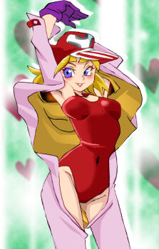 Rule 34 | 1girl, arms up, blonde hair, blue eyes, blush, breasts, gloves, green background, hat, heart, heart background, heart print, jumpsuit, kaminari ai, leotard, long sleeves, looking at viewer, medium breasts, onnaski, open clothes, open jumpsuit, parted lips, print headwear, purple gloves, purple jumpsuit, red hat, red leotard, short hair, smile, standing, stretching, striped background, teeth, yatterman