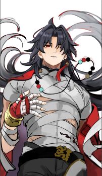 1boy ahoge bandaged_chest bandaged_torso beads belt blade_(elation)_(honkai:_star_rail) blade_(honkai:_star_rail) blue_hair bracelet commentary_request double-parted_bangs earrings hair_over_one_eye highres honkai:_star_rail honkai_(series) jacket jewelry long_hair necklace pants red_eyes red_jacket shiraiyu327 single_earring tassel toned toned_male very_long_hair