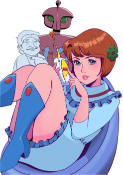 1girl 2boys blue_boots blue_dress blue_eyes blush boots brown_hair chair chargeman_ken! controller doctor_volga dress facial_hair flower green_flower hair_flower hair_ornament high_heels highres holding holding_remote_control knee_boots long_sleeves looking_at_viewer multiple_boys mustache nagisa-sensei no._12_(chargeman_ken!) oira_wa_arumajiro old old_man parted_lips pointing pointing_to_the_side remote_control robot short_hair sitting smile teeth white_background