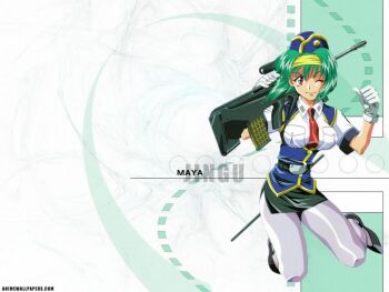 1990s_(style) 1girl bow burn-up burn-up_w female_focus gloves green_hair gun hair_bow jinguu_maya miniskirt pantyhose police police_uniform policewoman ponytail retro_artstyle short_hair skirt sniper solo wall weapon