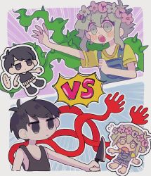 Rule 34 | ..., 2boys, basil (headspace) (omori), basil (omori), black eyes, black hair, closed mouth, colored skin, flying sweatdrops, green eyes, green hair, highres, holding, holding knife, knife, looking at another, mr0x0, multiple boys, omori, omori (omori), open mouth, short hair, speech bubble, spoken ellipsis, white skin
