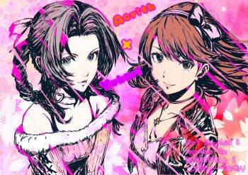 2girls aerith_gainsborough braid braided_ponytail brown_hair cardigan choker commentary_request cosplay costume_switch cross-laced_sweater dress final_fantasy final_fantasy_vii final_fantasy_vii_remake flamenco_dress flower_choker fur-trimmed_sweater fur_trim heart heart_choker jacket looking_at_viewer multiple_girls oeilvert_fft persona persona_3 persona_3_reload pink_cardigan pink_dress pink_ribbon red_jacket ribbon short_hair simple_background sweater takeba_yukari white_choker