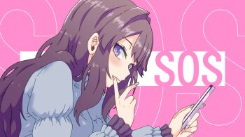 1girl brown_hair commentary_request dress fujishima_megumi grey_dress grey_nails hair_intakes highres holding holding_phone idolmaster idolmaster_shiny_colors inward_v kamix2_odai link!_like!_love_live! long_hair long_sleeves looking_at_viewer love_live! nail_polish parody phone pink_background purple_eyes sideways_mouth smile solo song_name sos_(idolmaster) text_background upper_body v virtual_youtuber