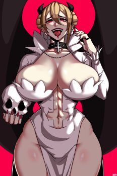 1girl :p absurdres alecto_0 bat_wings black_horns braid breasts cleavage cross curled_horns demon_girl demon_horns demon_tail demon_wings dress ear_piercing earrings highres holding holding_skull horns huge_breasts inverted_cross jewelry large_breasts lips long_sleeves looking_at_viewer multiple_piercings navel open_mouth original piercing pointy_ears red_eyes revealing_clothes sharp_teeth short_hair simple_background skull smile solo tail teeth thick_thighs thighs tongue tongue_out tongue_piercing white_dress wings
