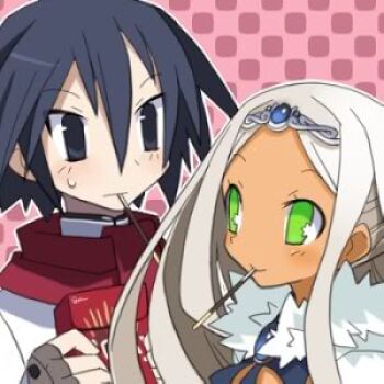 almaz_von_almadine_adamant black_hair disgaea green_eyes lowres makai_senki_disgaea_3 pocky sapphire_rhodonite white_hair