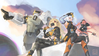 3girls arm_up armpits artist_logo artist_name blindfold_mask blonde_hair camouflage camouflage_jacket camouflage_pants covered_eyes crossed_legs curled_horns detached_sleeves dress eye_mask fingerless_gloves floating_hair food gloves glowing_mask goggles hand_on_own_hip highres holding holding_food holding_goggles hollow_(zenless_zone_zero) hoot_(00hoot) horns humanoid_robot jacket latex_pants logo long_hair long_sleeves magus_(zenless_zone_zero) mask mechanical_tail midriff multiple_girls obol_squad_(zenles_zone_zero) orphie_magnusson outdoors outstretched_arm pants pointing pointing_forward red_hair robot seed_(zenless_zone_zero) sitting sky smile soldier_11_(zenless_zone_zero) standing stomach tail tinted_eyewear trigger_(zenless_zone_zero) unworn_goggles very_long_hair white_hair yellow-tinted_eyewear yellow_eyes zenless_zone_zero