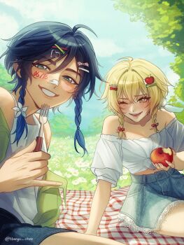 1boy 1girl absurdres apple apple_hair_ornament aqua_eyes black_hair black_shorts blonde_hair blue_hair braid commentary crop_top dated english_commentary facial_mark food food-themed_hair_ornament fork fruit genshin_impact gradient_hair green_jacket hair_between_eyes hair_ornament hairclip haryu_chee highres holding holding_food holding_fork holding_fruit jacket long_hair lumine_(genshin_impact) midriff multicolored_hair one_eye_closed shirt shorts smile tank_top teeth twin_braids venti_(genshin_impact) white_shirt white_tank_top x_hair_ornament yellow_eyes