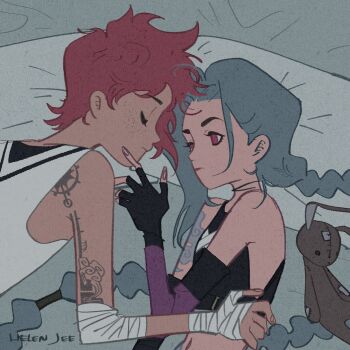 2girls arcane:_league_of_legends arcane_jinx arcane_vi arm_tattoo artist_name bandaged_arm bandaged_hand bandages bare_shoulders black_gloves black_tank_top blue_eyes braid closed_eyes closed_mouth crop_top elbow_gloves fingerless_gloves freckles gloves hand_on_own_cheek hand_on_own_face helen_jee highres jinx_(league_of_legends) league_of_legends long_hair looking_at_viewer midriff multiple_girls navel pink_eyes red_hair short_hair siblings sisters stuffed_animal stuffed_rabbit stuffed_toy tank_top tattoo twin_braids very_long_hair vi_(league_of_legends) white_tank_top