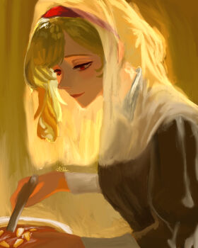 Rule 34 | 1girl, absurdres, alternate costume, arkhein, black dress, blonde hair, bowl, closed mouth, dress, food, hairband, highres, holding, holding spoon, hololive, hololive indonesia, kaela kovalskia, long hair, red eyes, red hairband, solo, spoon, virtual youtuber