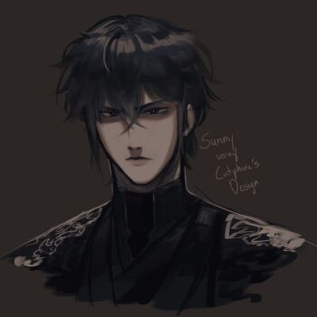 Rule 34 | 1boy, black eyes, black hair, black robe, crossed bangs, english text, hair between eyes, highres, logicsterrr, male focus, partially shaded face, portrait, robe, serious, shadow slave, short hair, silver trim, solo, sunny (shadow slave)