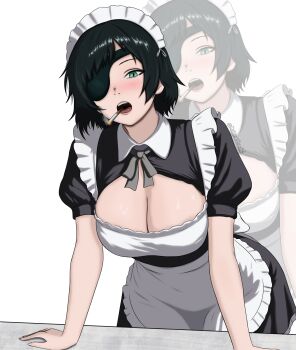 1girl absurdres alternate_costume apron arm_support black_dress black_hair blush breasts chainsaw_man cigarette cleavage collared_dress commentary dress english_commentary enmaided eyepatch frilled_apron frills green_eyes highres himeno_(chainsaw_man) leaning_forward looking_at_viewer maid maid_apron maid_headdress mothdropcrowla open_mouth short_hair short_sleeves simple_background smoke smoking solo twitter_username white_apron white_background zoom_layer