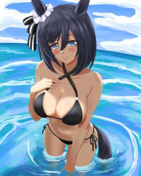 1girl animal_ears bare_shoulders bikini black_bikini black_hair blue_eyes blue_sky blush bob_cut breasts cleavage closed_mouth cloud collarbone ear_scrunchie eishin_flash_(umamusume) hair_between_eyes hashtag-only_commentary highres horse_ears horse_girl horse_tail large_breasts looking_at_viewer me2o navel ocean scrunchie short_hair sky smile solo stomach swimsuit tail umamusume water white_scrunchie