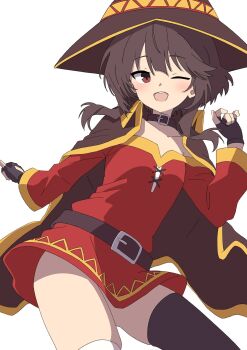 1girl ;d asymmetrical_legwear belt belt_collar black_belt black_gloves black_thighhighs blush brown_cape brown_hair brown_hat cape collar commentary cowboy_shot dress fingerless_gloves floating_hair gloves gluteal_fold hand_up happy hat highres kono_subarashii_sekai_ni_shukufuku_wo! long_sleeves looking_at_viewer megumin mismatched_legwear one_eye_closed open_mouth red_dress red_eyes short_dress short_hair_with_long_locks simple_background single_thighhigh smile solo takabayashi4129 teeth thighhighs tsurime upper_teeth_only white_background wide_sleeves witch_hat zettai_ryouiki