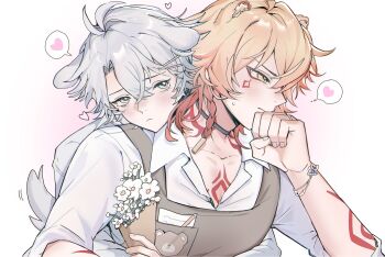Rule 34 | 2boys, animal ear fluff, animal ears, antenna hair, apron, arm tattoo, bear boy, bear ears, blonde hair, blue eyes, blush, braid, chest tattoo, collared shirt, commentary, dog boy, dog ears, dog tail, facial tattoo, gradient hair, grey apron, hachiisen, heart, highres, honkai: star rail, honkai (series), hug, hug from behind, male focus, medium hair, multicolored hair, multiple boys, mydei (honkai: star rail), parted bangs, phainon (honkai: star rail), red hair, red tattoo, shirt, short hair, side braid, spoken heart, tail, tattoo, untranslatable commentary, white hair, white shirt, yaoi, yellow eyes